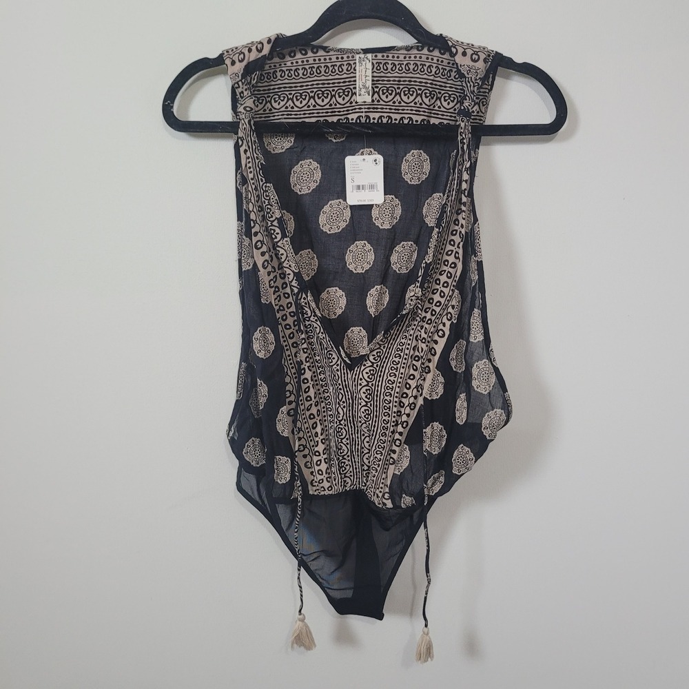 Free People Small Bodysuit Womens Black Beige Medallion Boho Tassel NEW